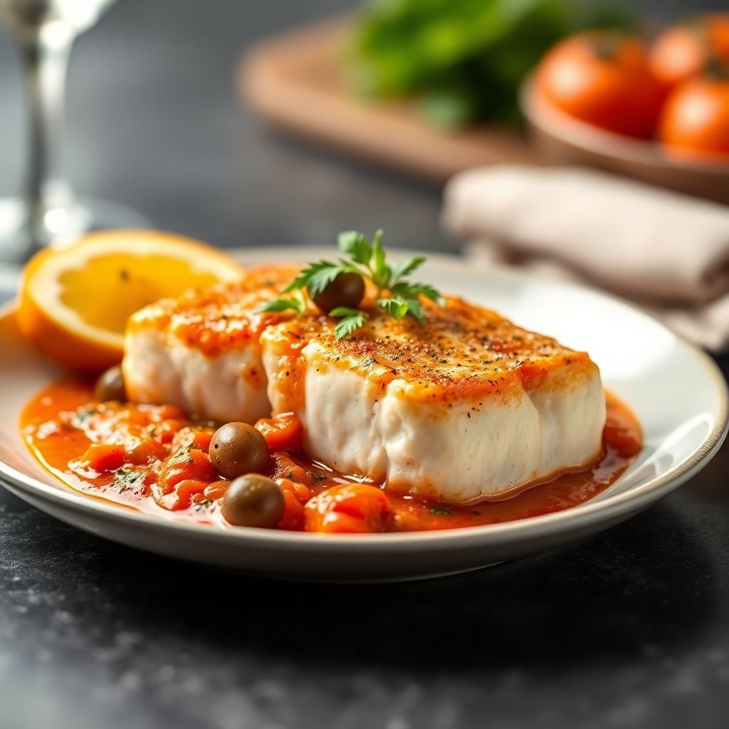 Kabeljau in Tomaten-Oliven-Sauce