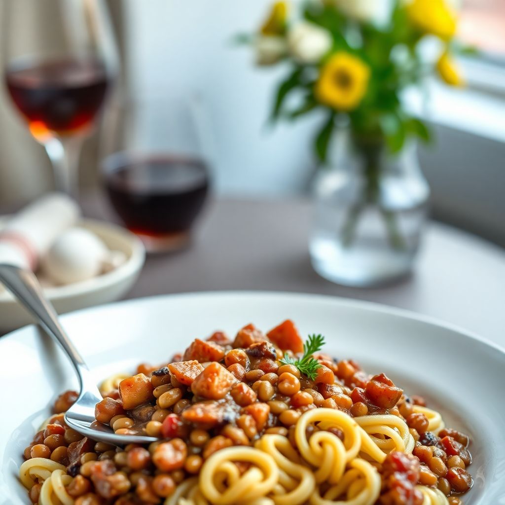Süßsaurer Linseneintopf mit Spätzle