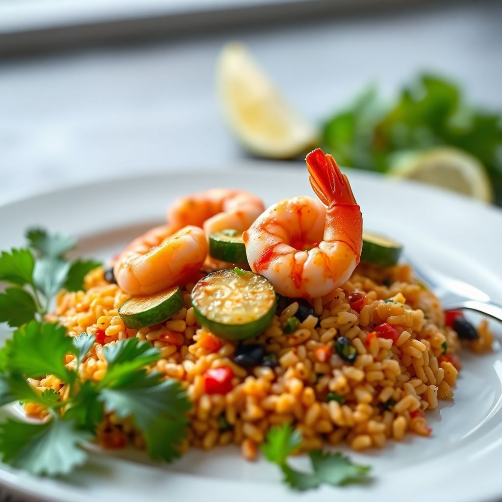Mexikanische Reispfanne mit Garnelen und Zucchini