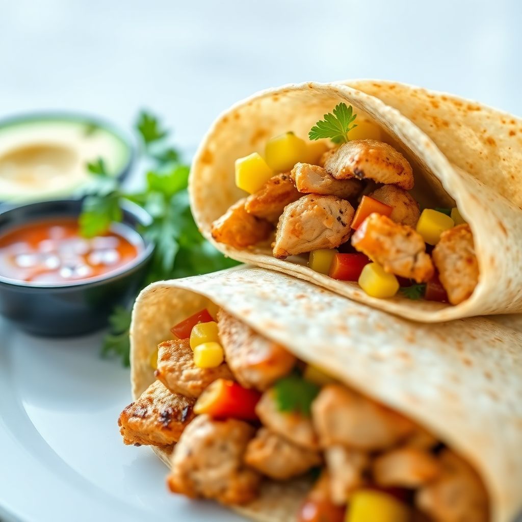 Knusprige Weizentortilla-Wraps mit Hähnchenstreifen und Mais & Paprika