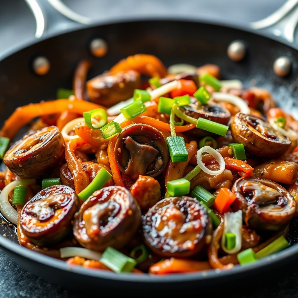 Bunte Fajita-Pfanne mit Portobello-Pilzen und Lauchzwiebeln