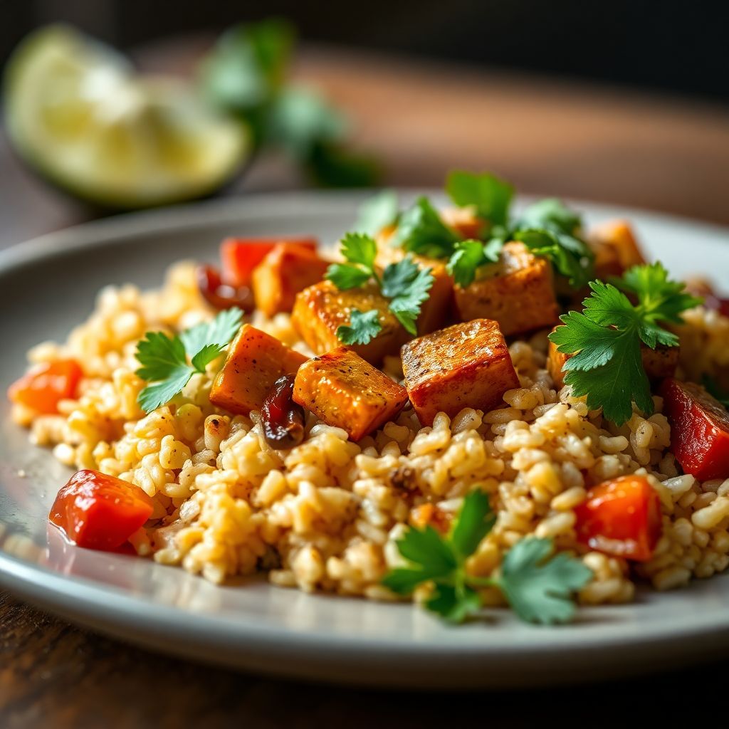 Mexikanische Reispfanne mit Räuchertofu und Paprika