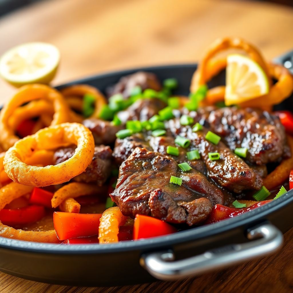 Bunte Fajita-Pfanne mit Rindersteak und Zwiebelringen