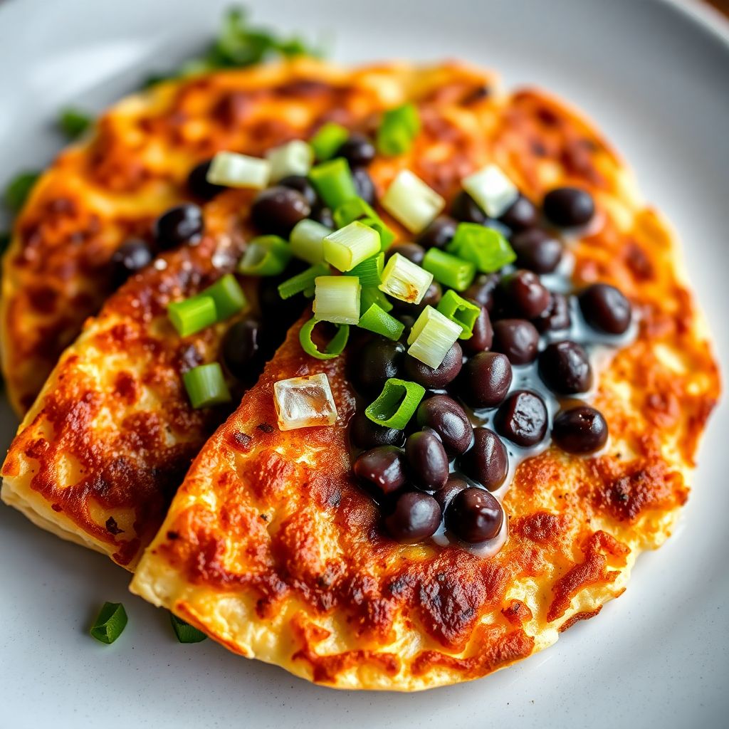 Knusprige Weizentortilla-Wraps mit schwarzen Bohnen und Avocadoscheiben