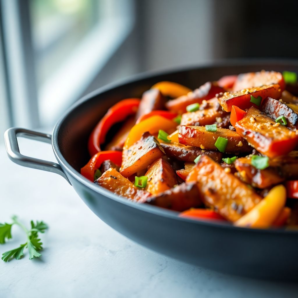 Bunte Fajita-Pfanne mit Seitan-Streifen und Paprika
