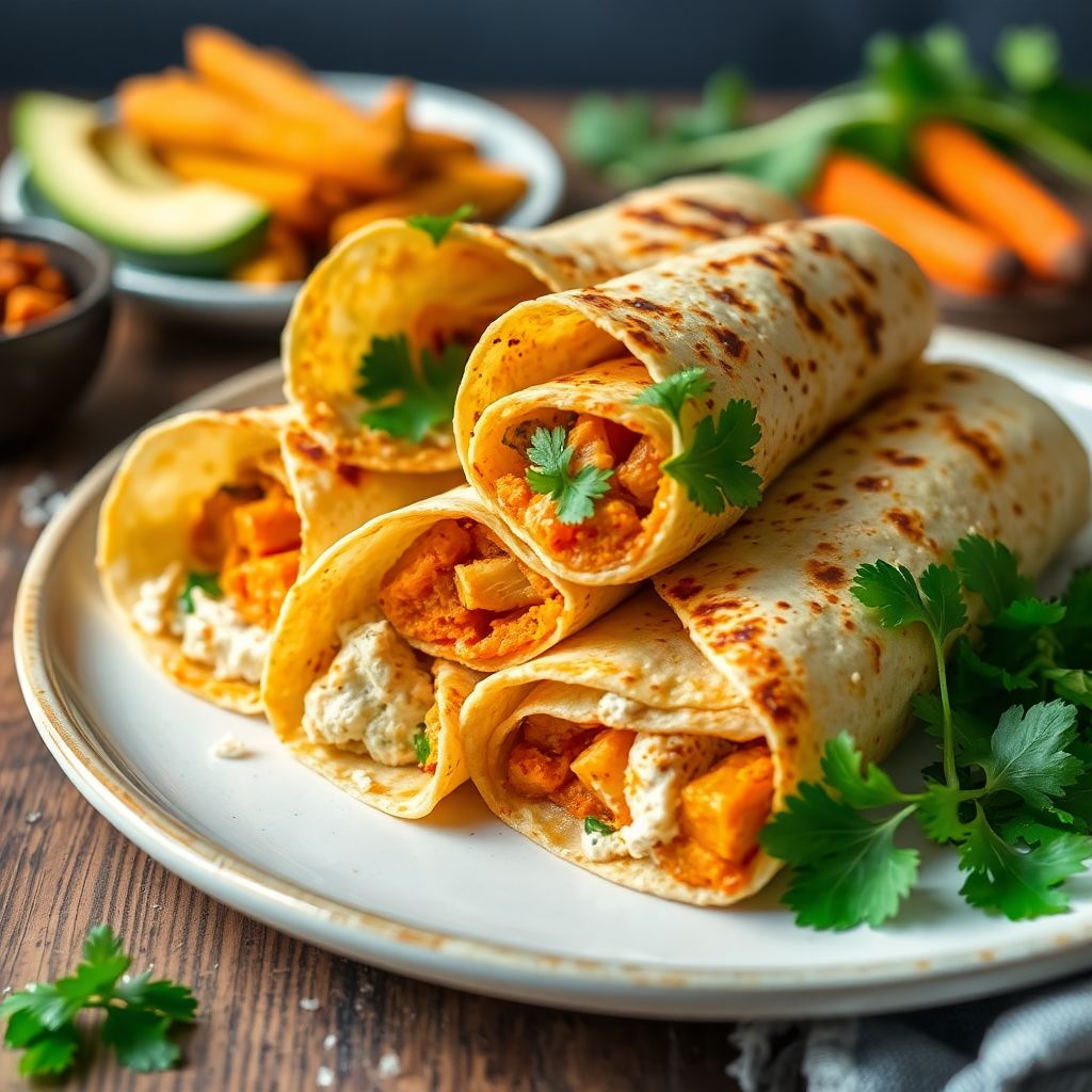 Knusprige Weizentortilla-Wraps mit Süßkartoffel-Würfeln und Koriander