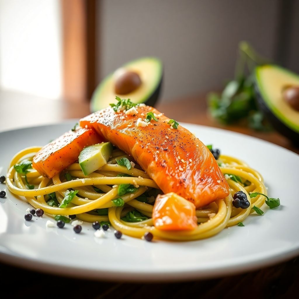 Avocado-Pasta mit gebratenem Lachs