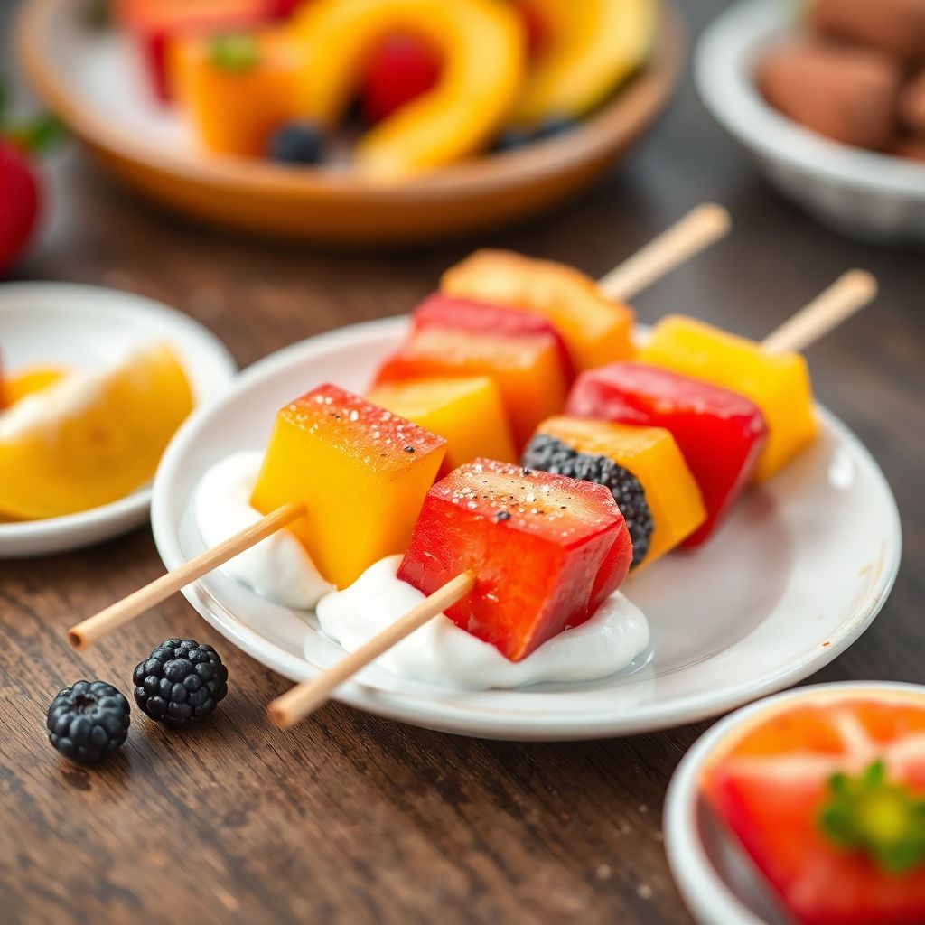 Bunte Obstspieße mit Joghurt