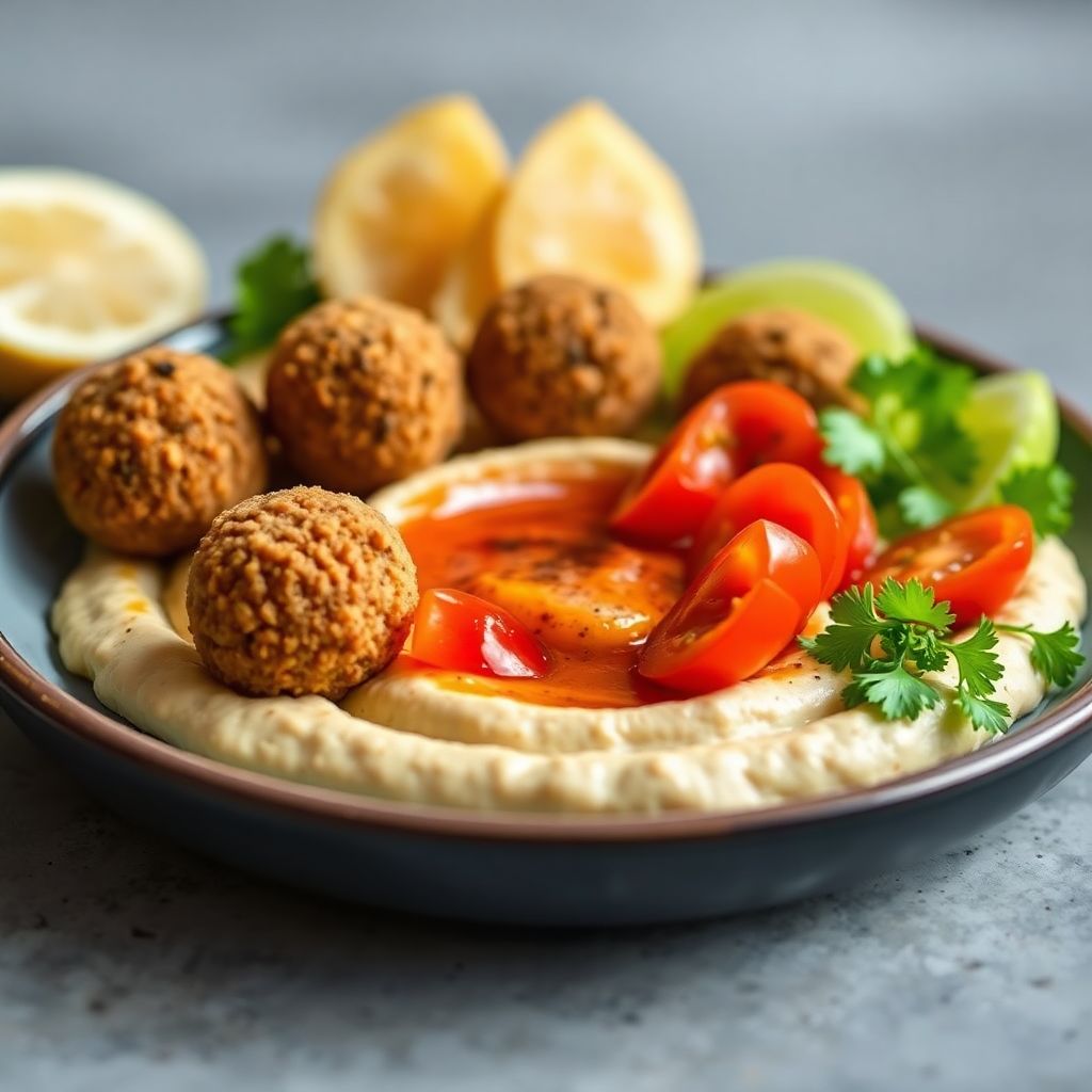 Orientalischer Hummus-Teller mit Falafel-Bällchen und Tomaten