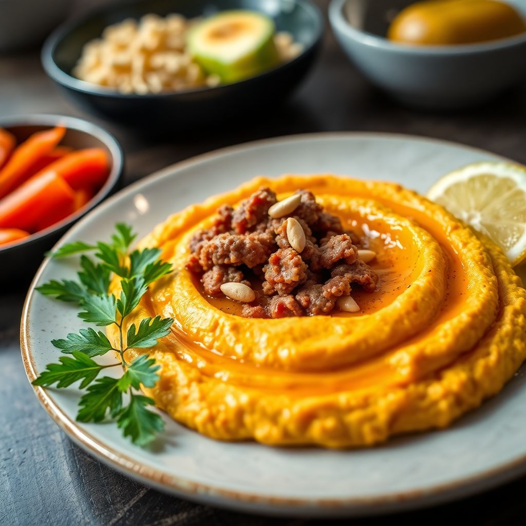 Orientalischer Hummus-Teller mit Hackfleisch und Pinienkernen