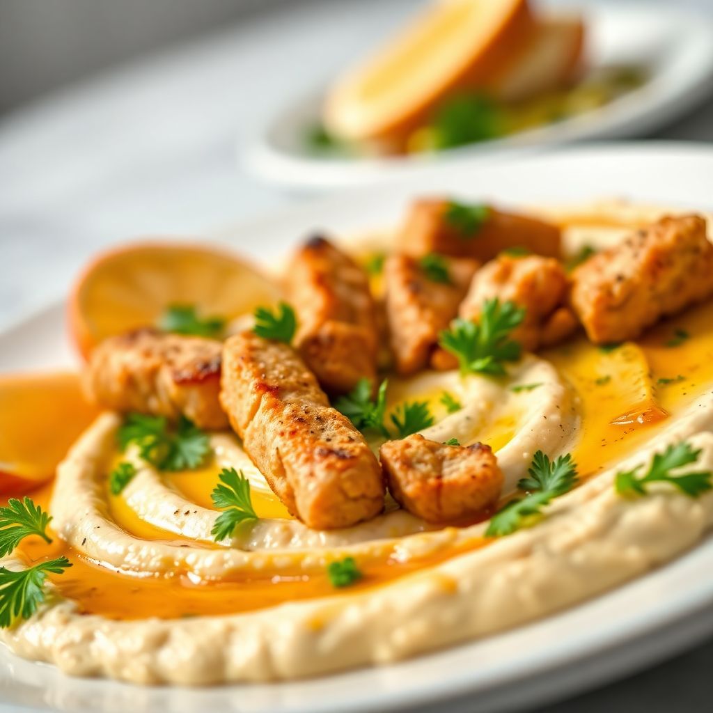 Orientalischer Hummus-Teller mit Hähnchenstreifen und Petersilie