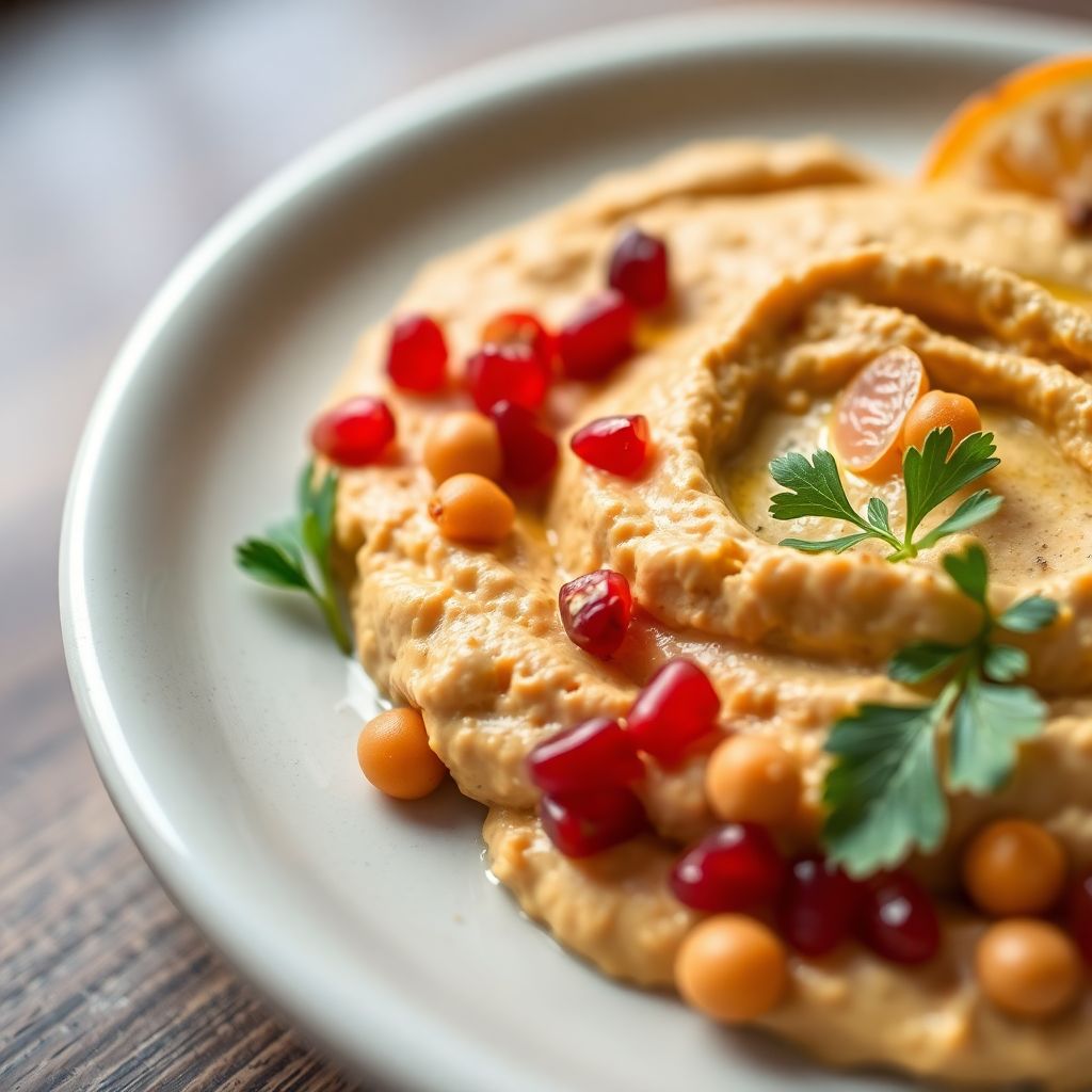 Orientalischer Hummus-Teller mit Kichererbsen und Granatapfelkernen