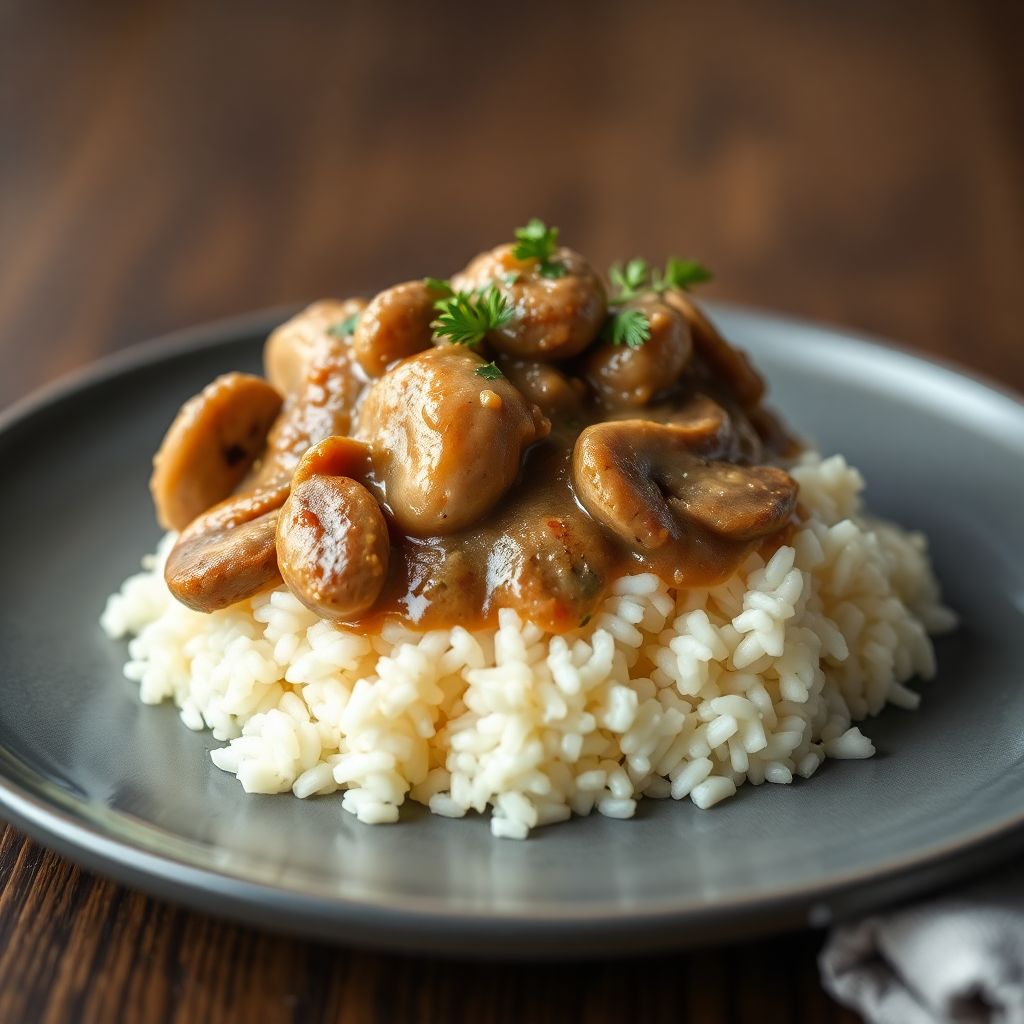 Pilz-Stroganoff mit Reis