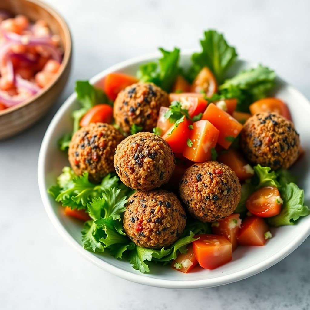 Kunterbunte Gemüse-Bowl mit Falafel-Bällchen und Tomatensalat