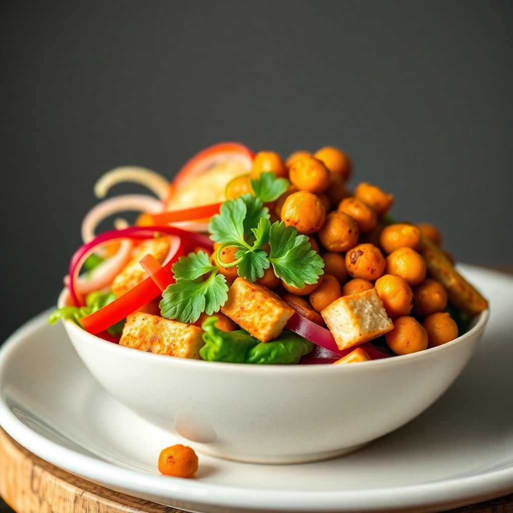 Kunterbunte Gemüse-Bowl mit knusprigem Tofu und Kichererbsen