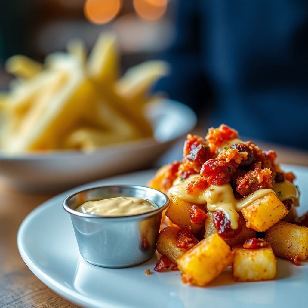 Tapas: Patatas Bravas mit Bacon-Bröseln und Käsesauce