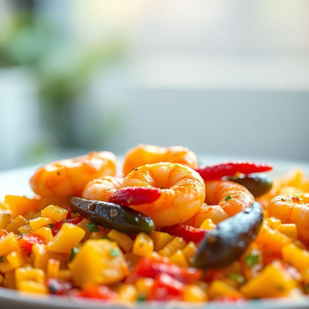 Safran-Paella mit Garnelen und Paprika