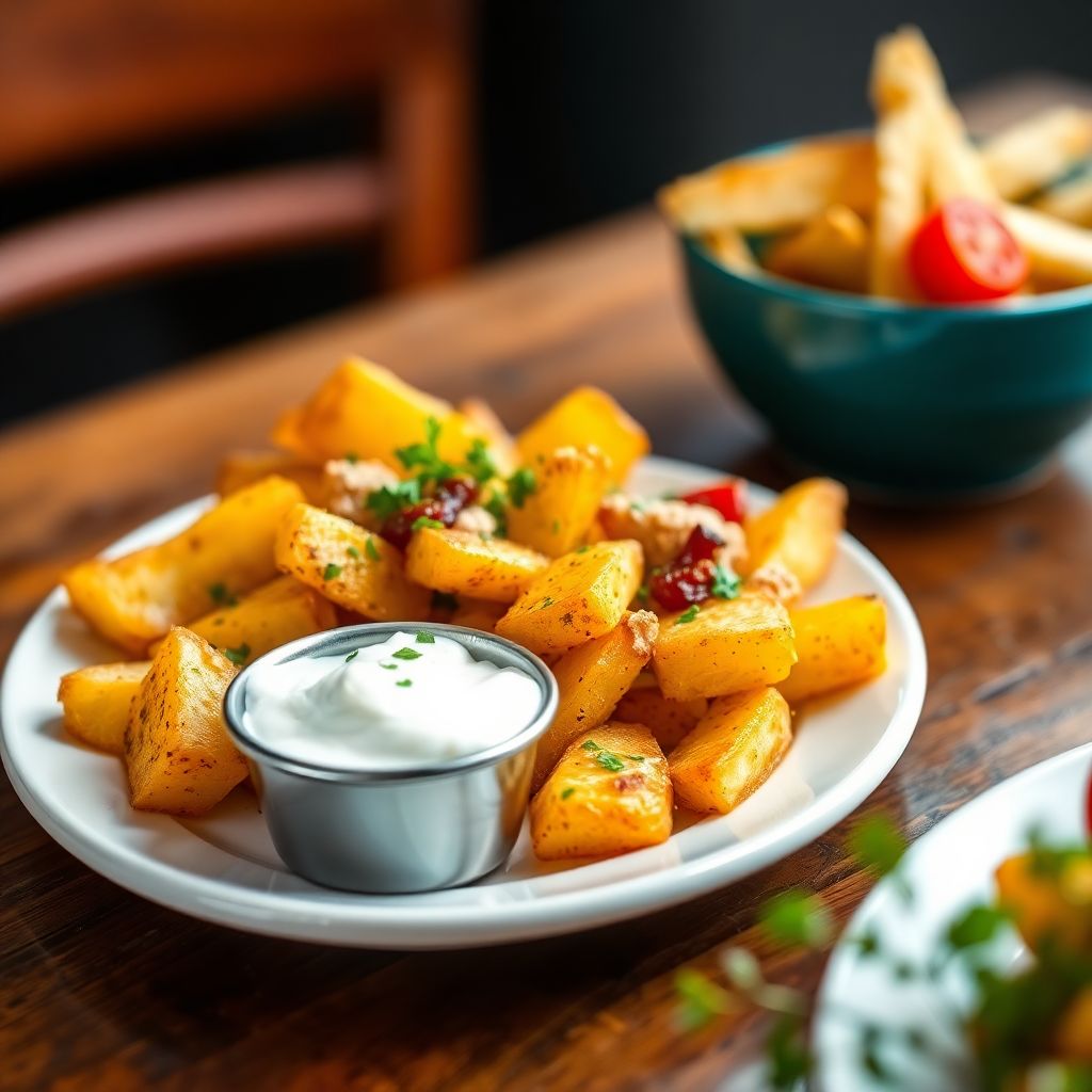Tapas: Patatas Bravas mit Kräutern und Joghurt-Dip